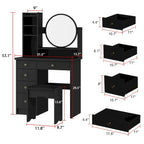 Makeup Vanity Set Dresser w/Mirror Stool 5 Drawers - White/Pink/Black - 31.5 L x 15.7 W x 52 H