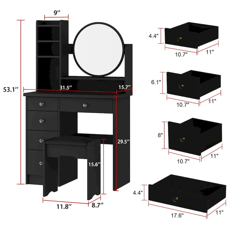 Makeup Vanity Set Dresser w/Mirror Stool 5 Drawers - White/Pink/Black - 31.5 L x 15.7 W x 52 H