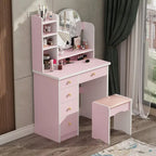 Makeup Vanity Set Dresser w/Mirror Stool 5 Drawers - White/Pink/Black - 31.5 L x 15.7 W x 52 H