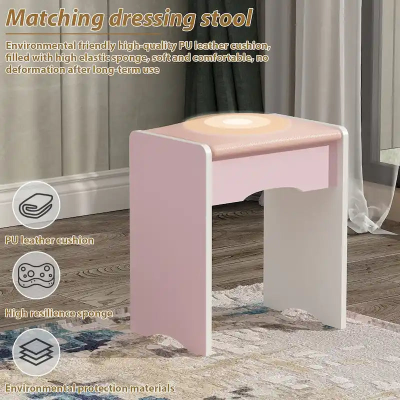 Makeup Vanity Set Dresser w/Mirror Stool 5 Drawers - White/Pink/Black - 31.5 L x 15.7 W x 52 H
