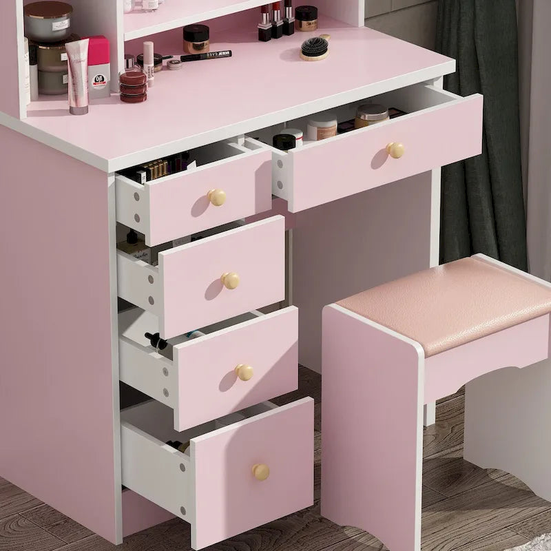 Makeup Vanity Set Dresser w/Mirror Stool 5 Drawers - White/Pink/Black - 31.5 L x 15.7 W x 52 H