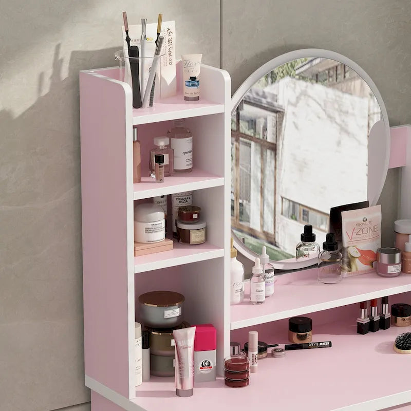 Makeup Vanity Set Dresser w/Mirror Stool 5 Drawers - White/Pink/Black - 31.5 L x 15.7 W x 52 H