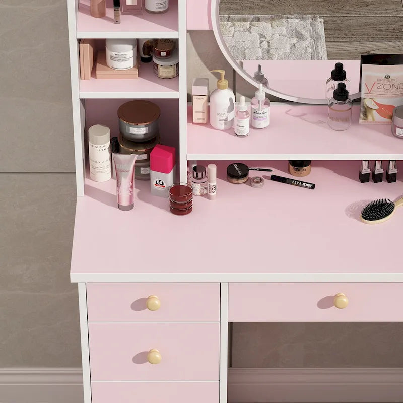 Makeup Vanity Set Dresser w/Mirror Stool 5 Drawers - White/Pink/Black - 31.5 L x 15.7 W x 52 H