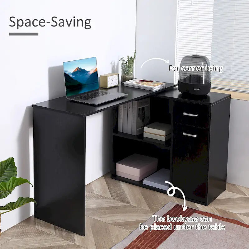 HOMCOM L Shaped Corner Computer Desk Workstation with Rotating Storage Shelves and Drawer for Home & Office