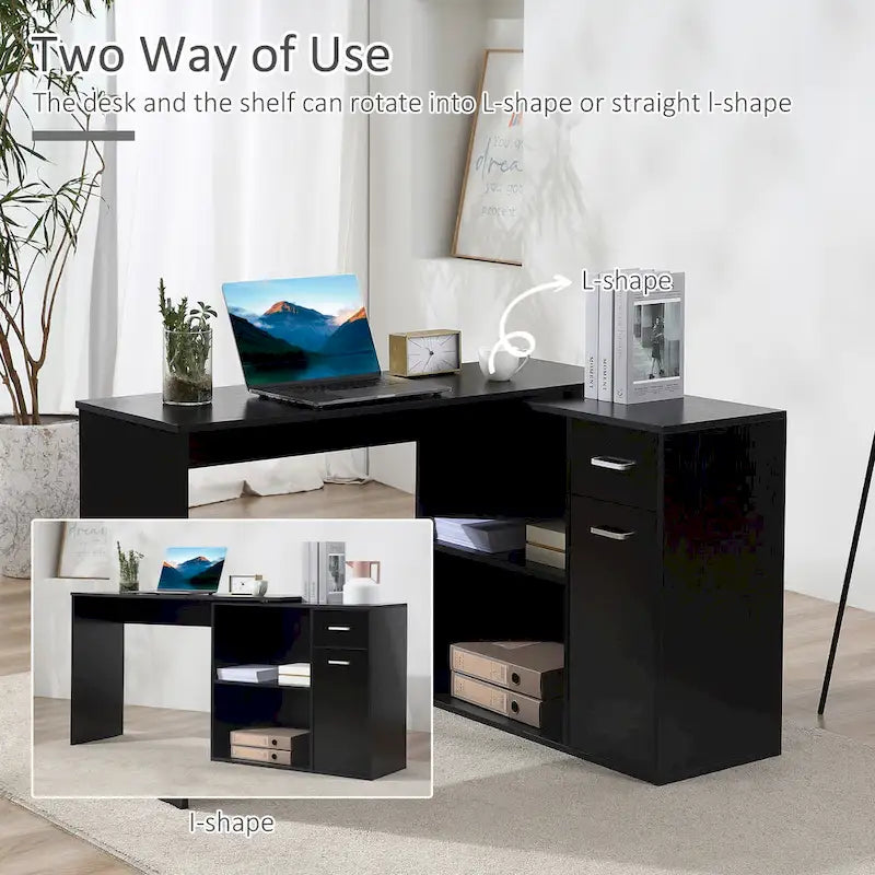 HOMCOM L Shaped Corner Computer Desk Workstation with Rotating Storage Shelves and Drawer for Home & Office