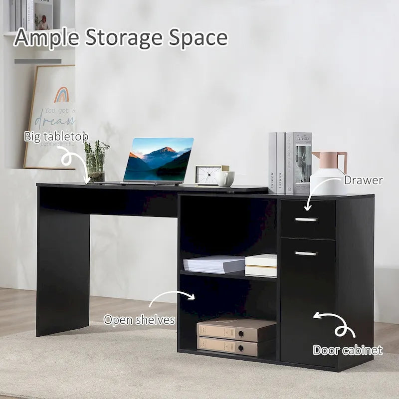 HOMCOM L Shaped Corner Computer Desk Workstation with Rotating Storage Shelves and Drawer for Home & Office