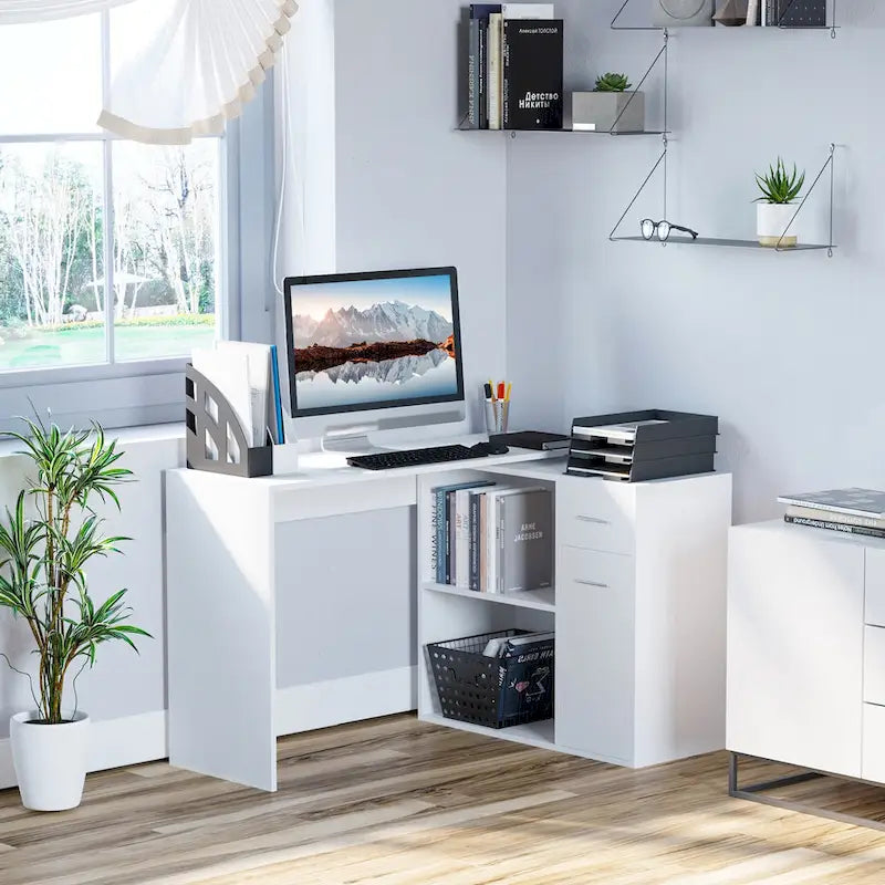 HOMCOM L Shaped Corner Computer Desk Workstation with Rotating Storage Shelves and Drawer for Home & Office