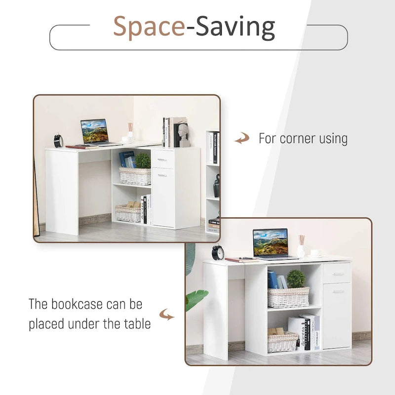 HOMCOM L Shaped Corner Computer Desk Workstation with Rotating Storage Shelves and Drawer for Home & Office