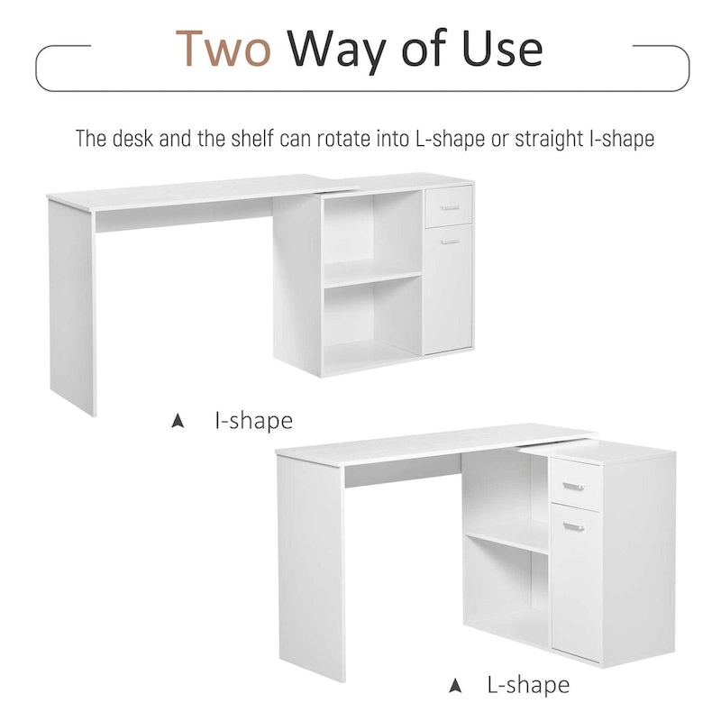HOMCOM L Shaped Corner Computer Desk Workstation with Rotating Storage Shelves and Drawer for Home & Office