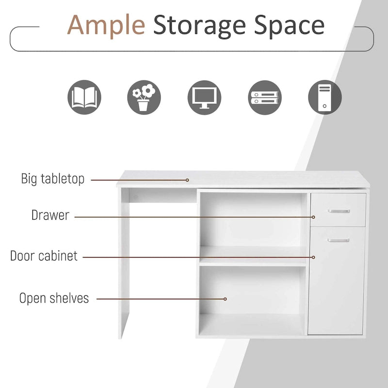 HOMCOM L Shaped Corner Computer Desk Workstation with Rotating Storage Shelves and Drawer for Home & Office