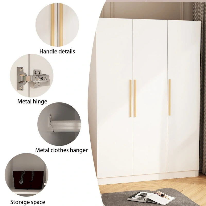 70.  H x 47.2  W Wardrobe Cabinet Armoire Three Doors In White Closet