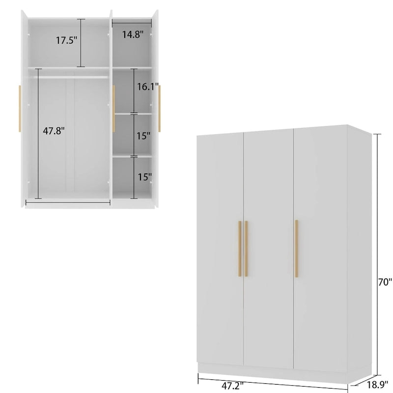 70.  H x 47.2  W Wardrobe Cabinet Armoire Three Doors In White Closet