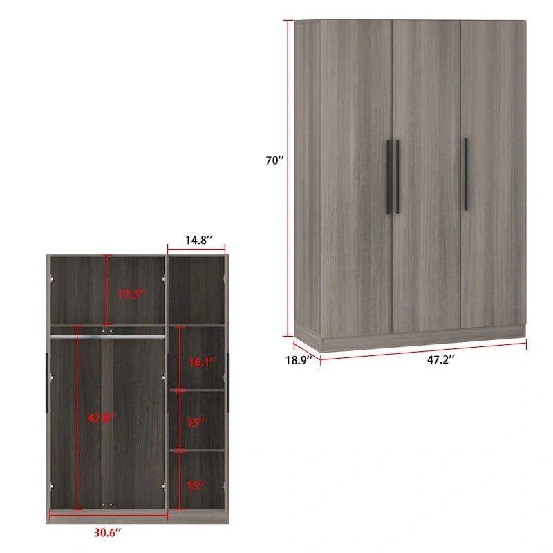 70.  H x 47.2  W Wardrobe Cabinet Armoire Three Doors In White Closet