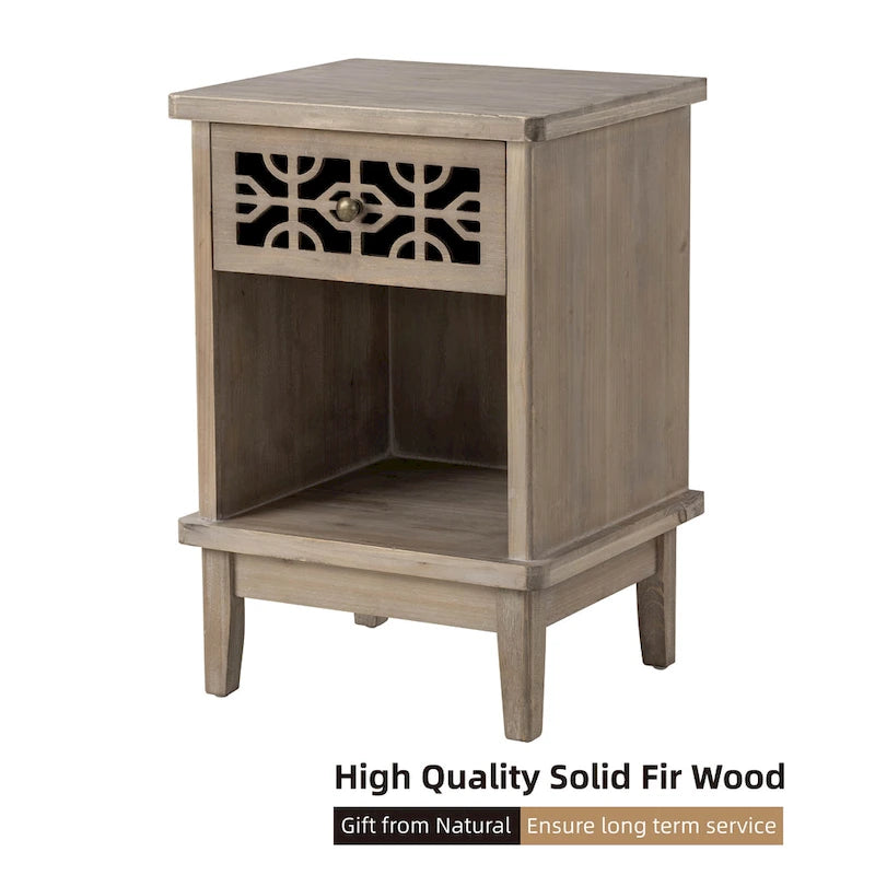 COZAYH Retro Rustic Nightstand Solid Fir End Table Side Table with Hand Carved Front and Open Shelf for Boho, Farmhouse