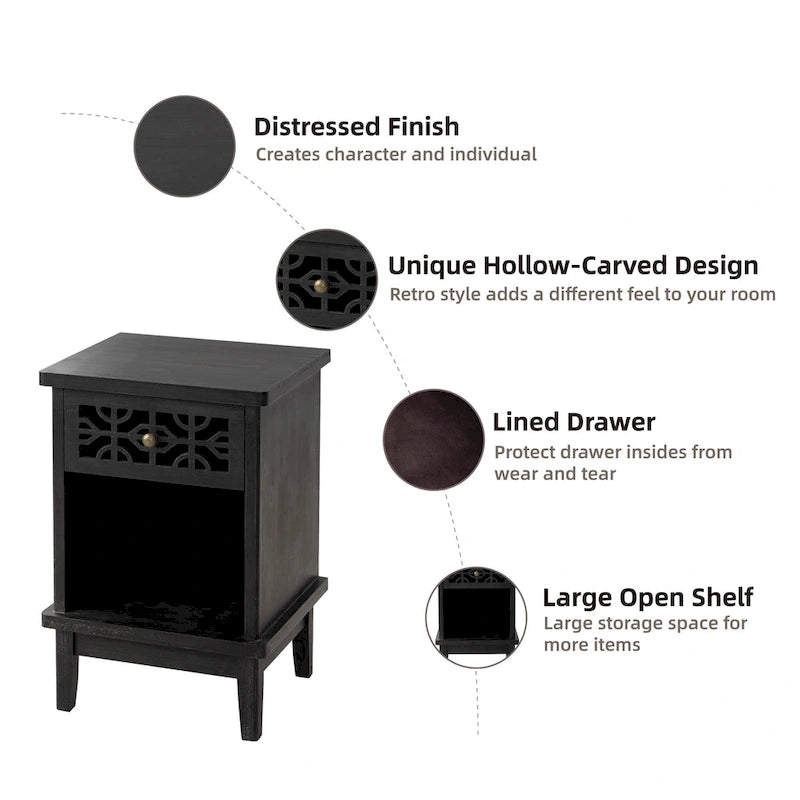 COZAYH Retro Rustic Nightstand Solid Fir End Table Side Table with Hand Carved Front and Open Shelf for Boho, Farmhouse