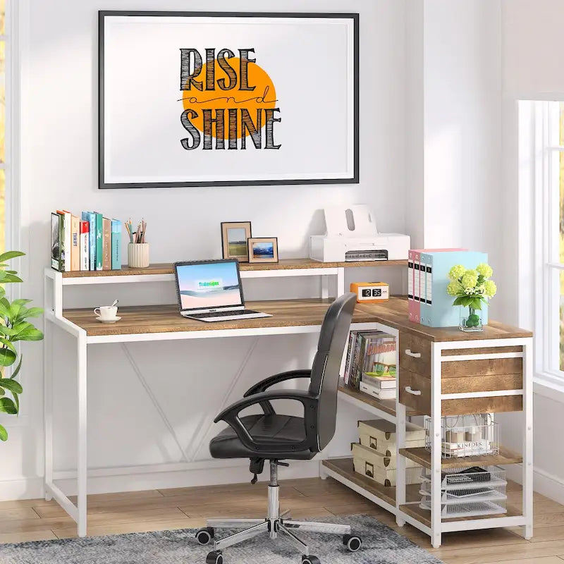 Modern L Shaped Computer Desk with Drawer and storage shelf