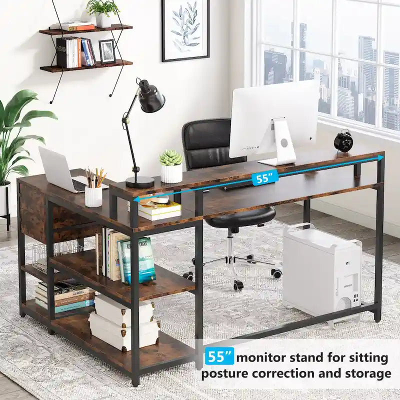 Modern L Shaped Computer Desk with Drawer and storage shelf