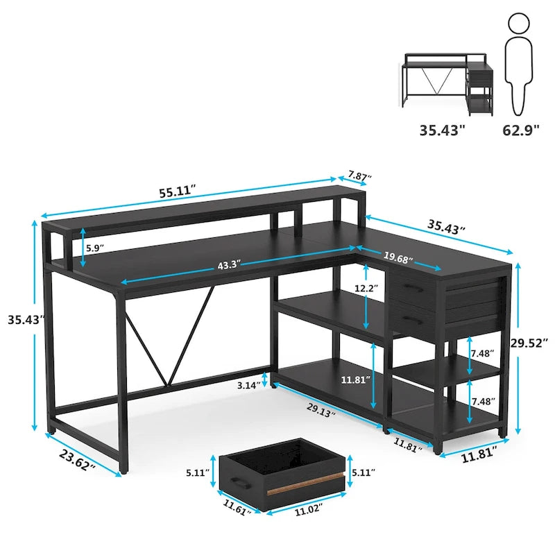 Modern L Shaped Computer Desk with Drawer and storage shelf