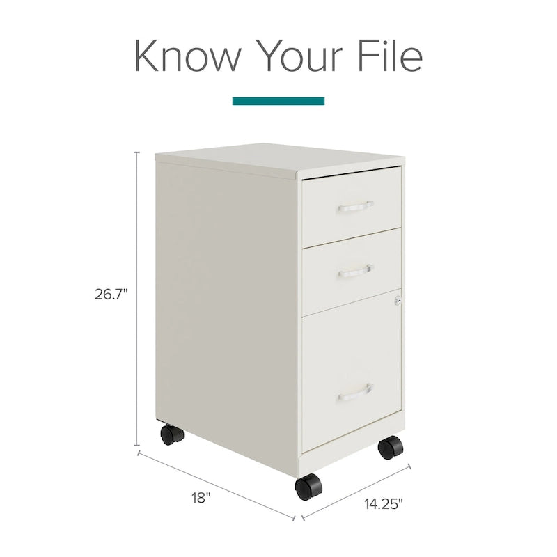 Space Solutions 18 Deep 3 Drawer Mobile Metal Cabinet, Pearl White