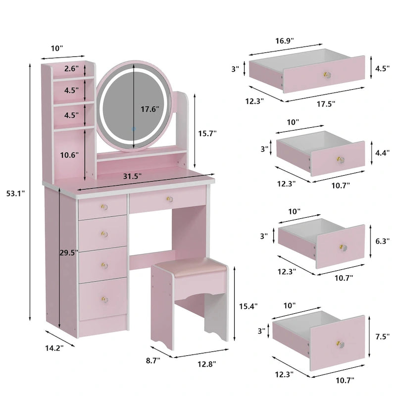 31.5  Wide Makeup Vanity Set with Stool, Mirror,3 Color Light - 31.5 W