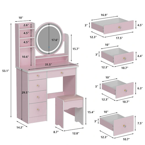31.5  Wide Makeup Vanity Set with Stool, Mirror,3 Color Light - 31.5 W