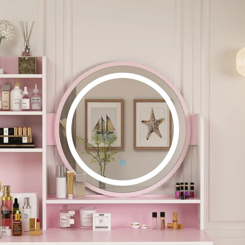 31.5  Wide Makeup Vanity Set with Stool, Mirror,3 Color Light - 31.5 W