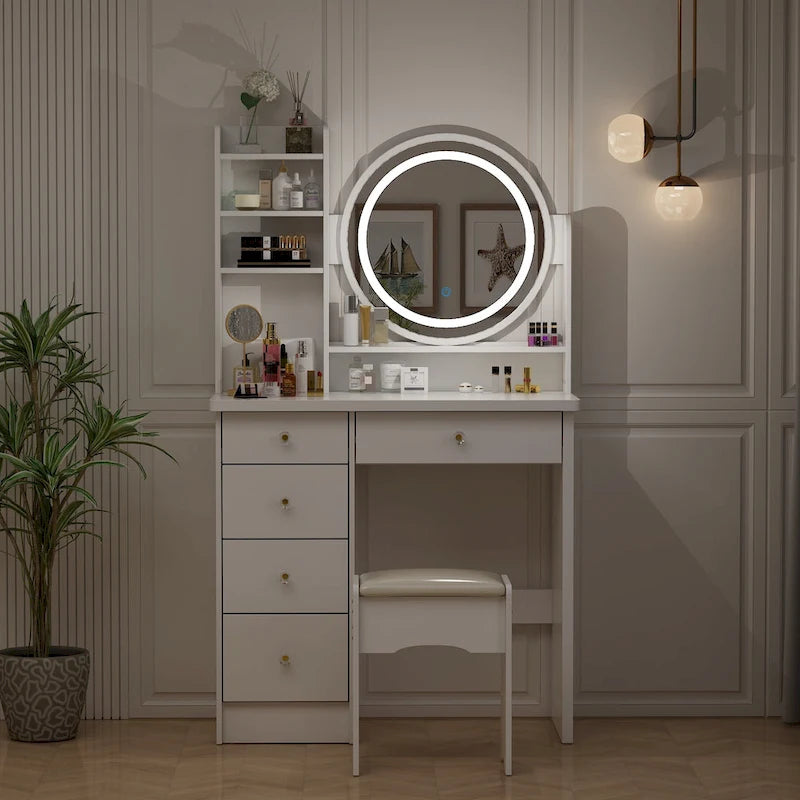 31.5  Wide Makeup Vanity Set with Stool, Mirror,3 Color Light - 31.5 W