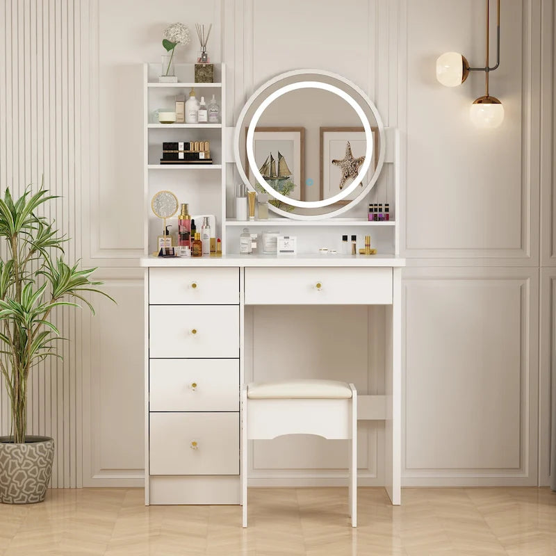 31.5  Wide Makeup Vanity Set with Stool, Mirror,3 Color Light - 31.5 W