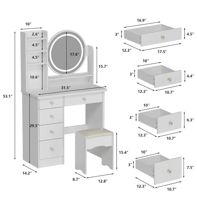 31.5  Wide Makeup Vanity Set with Stool, Mirror,3 Color Light - 31.5 W