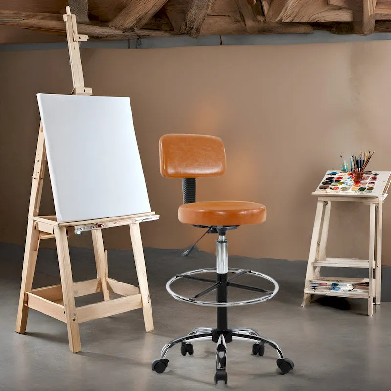 Adjustable Rolling Work Stool with Faux Leather Seat and Foldable Footrest, Versatile Stool for Home Office, Vanity,