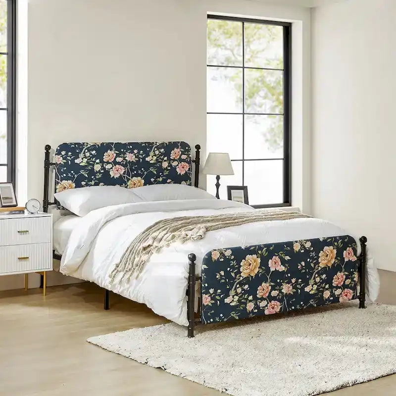 Diana Transitional 62 Floral Upholstered Platform Metal Bed Frame with Washable Slipcover by HULALA HOME