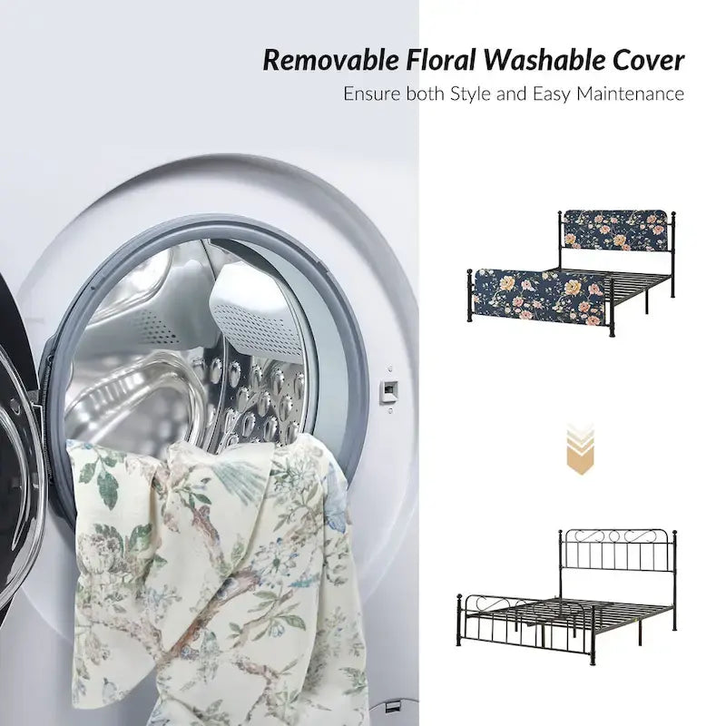 Diana Transitional 62 Floral Upholstered Platform Metal Bed Frame with Washable Slipcover by HULALA HOME