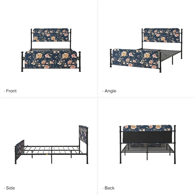 Diana Transitional 62 Floral Upholstered Platform Metal Bed Frame with Washable Slipcover by HULALA HOME
