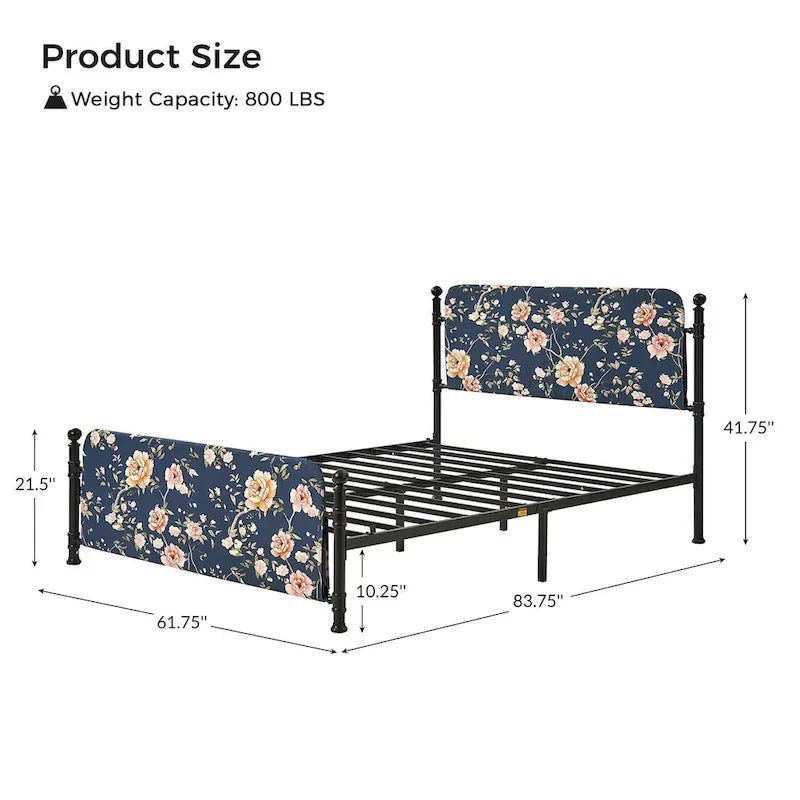 Diana Transitional 62 Floral Upholstered Platform Metal Bed Frame with Washable Slipcover by HULALA HOME