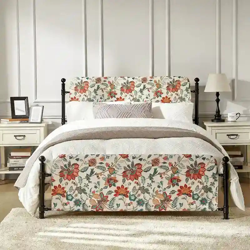 Diana Transitional 62 Floral Upholstered Platform Metal Bed Frame with Washable Slipcover by HULALA HOME