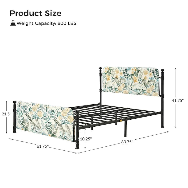 Diana Transitional 62 Floral Upholstered Platform Metal Bed Frame with Washable Slipcover by HULALA HOME