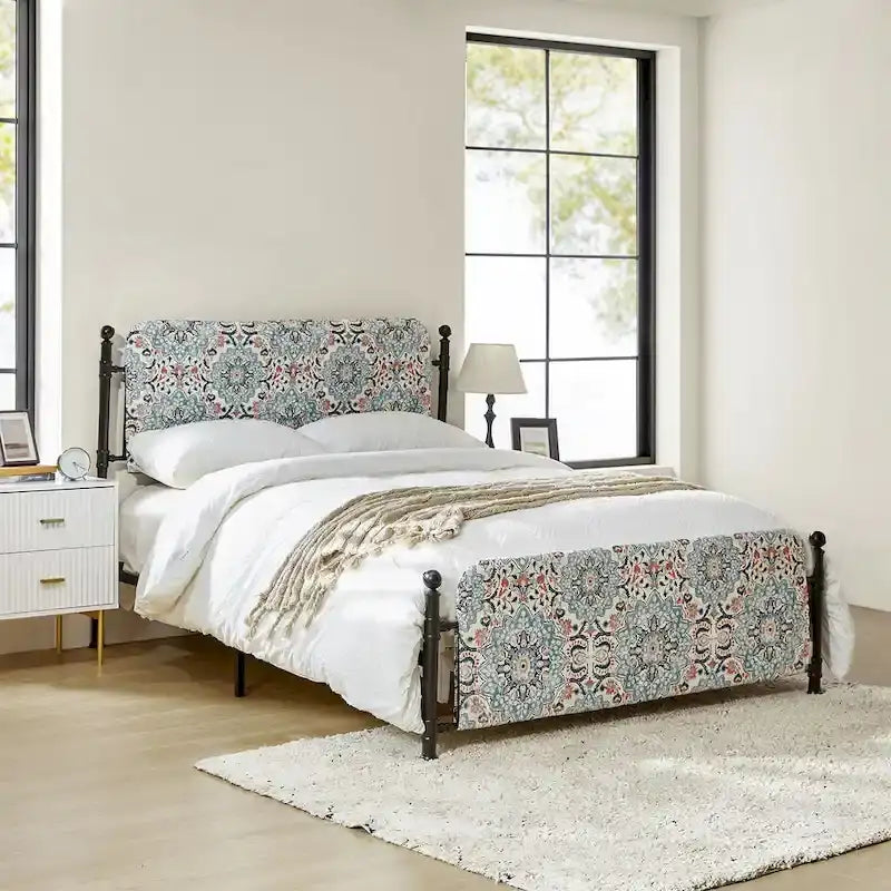 Diana Transitional 62 Floral Upholstered Platform Metal Bed Frame with Washable Slipcover by HULALA HOME