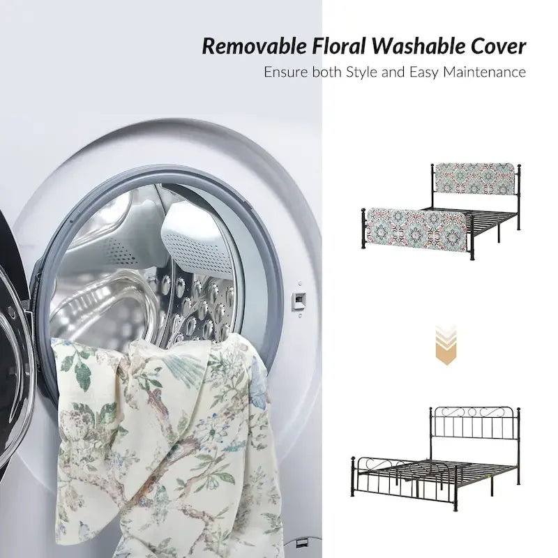 Diana Transitional 62 Floral Upholstered Platform Metal Bed Frame with Washable Slipcover by HULALA HOME