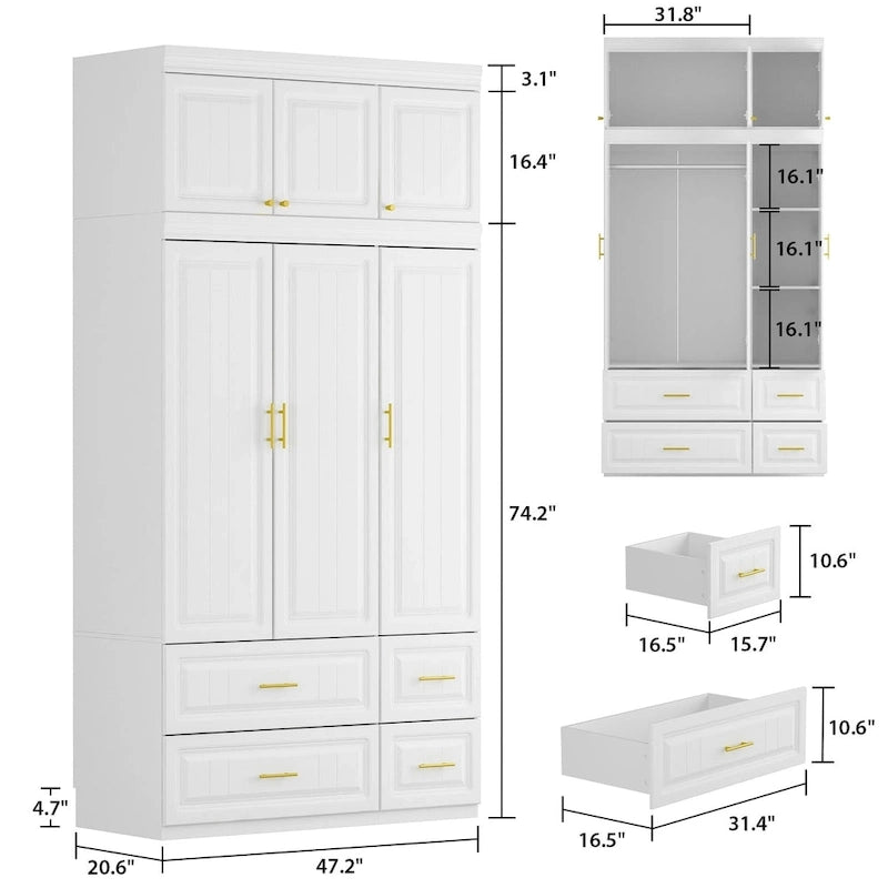 Modern Freestanding Wardrobe Armoire Closet High Cabinet Storage White - 93.7 H