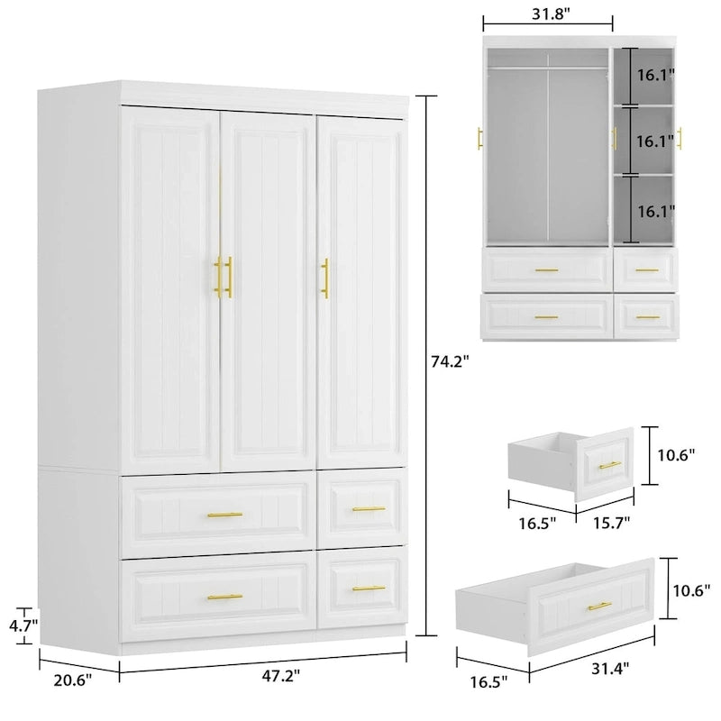 Modern Freestanding Wardrobe Armoire Closet High Cabinet Storage White - 93.7 H