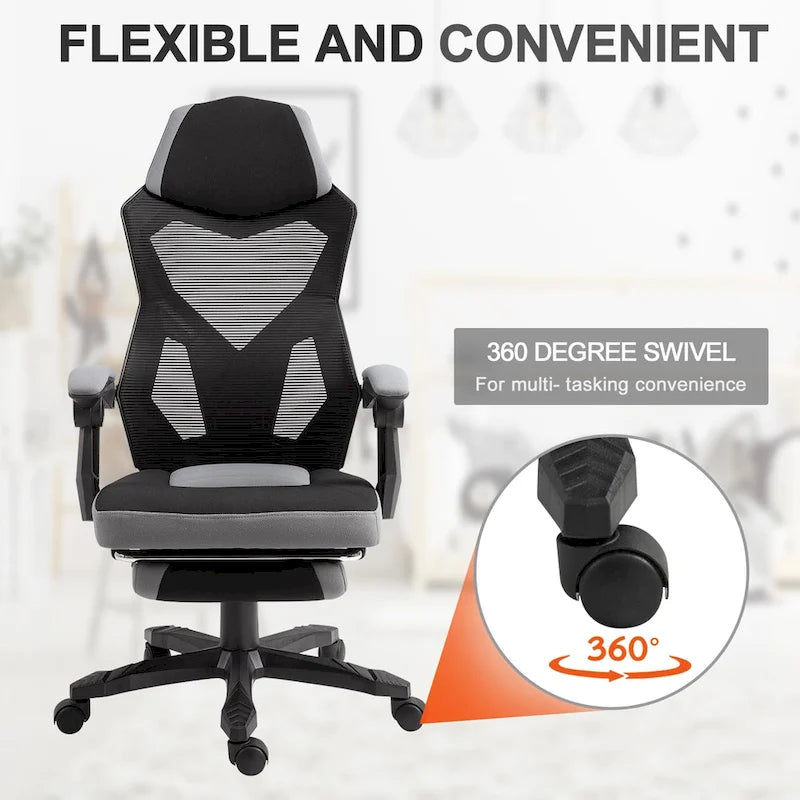 Vinsetto Home Office Chair Adjustable Height Recliner with Retractable Footrest, Mesh Back