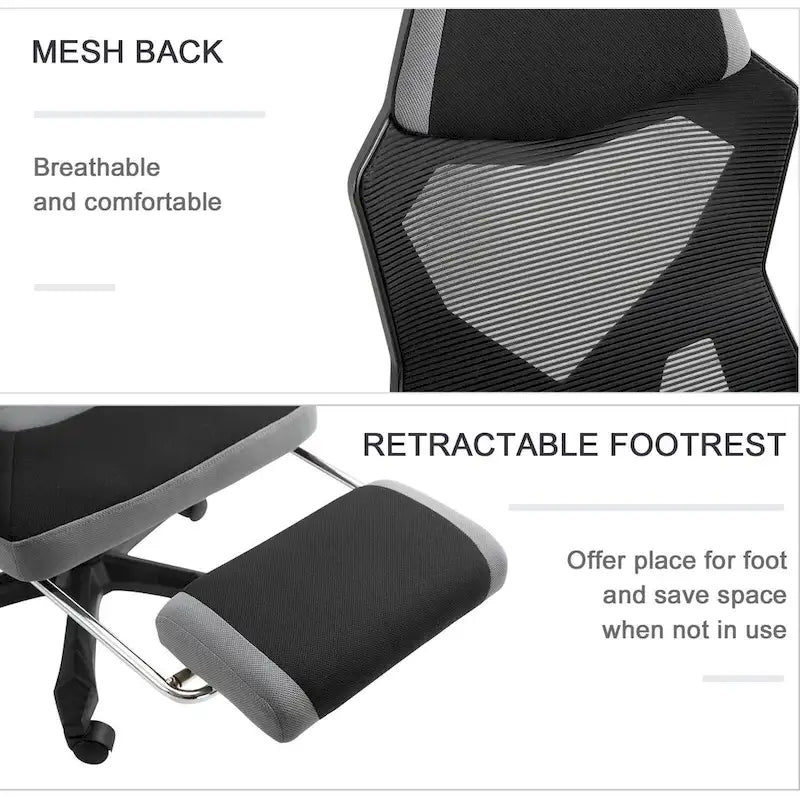Vinsetto Home Office Chair Adjustable Height Recliner with Retractable Footrest, Mesh Back