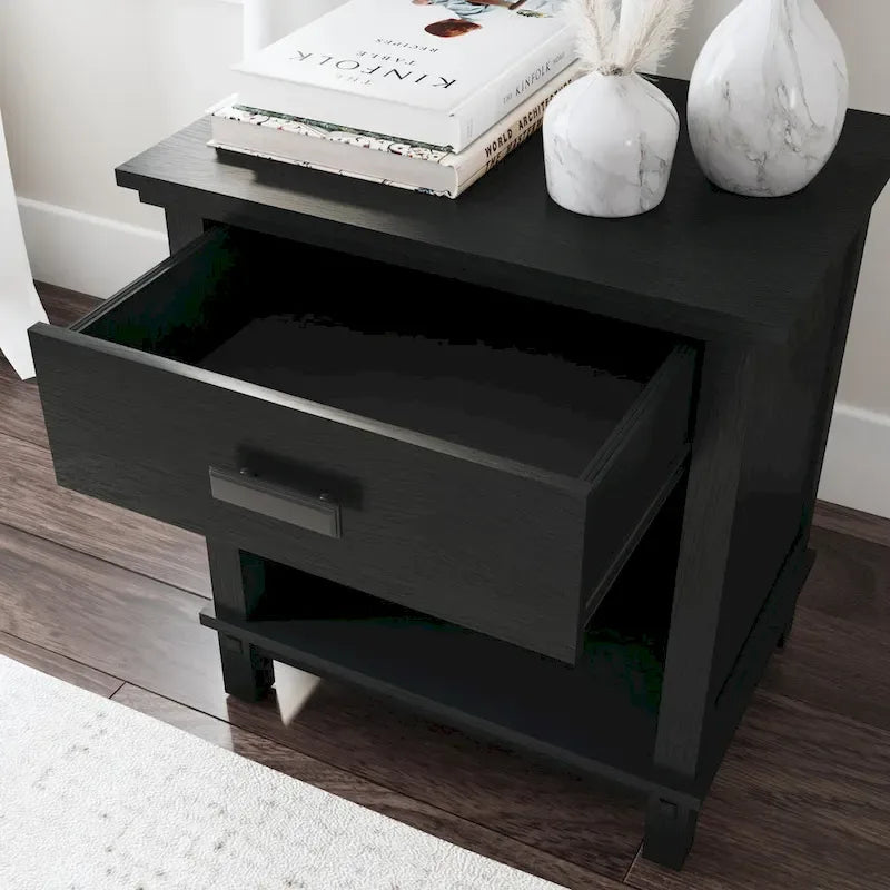 Oak Park 2 Piece Black Wood Queen Bed and Nightstand Set by Homestyles