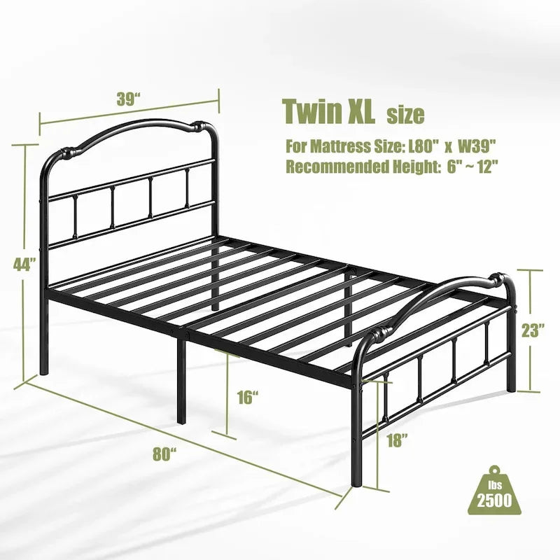 Heavy Duty Anti-Sway 18 Inch High Steel Tube Iron Bed, Double Wave Headboard And Footboard