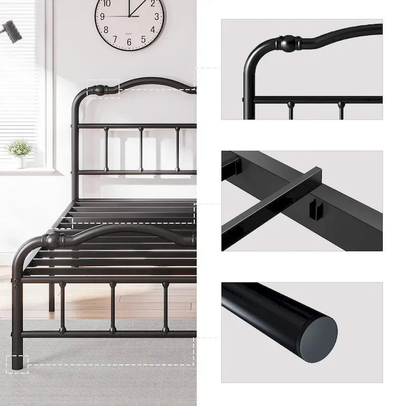 Heavy Duty Anti-Sway 18 Inch High Steel Tube Iron Bed, Double Wave Headboard And Footboard
