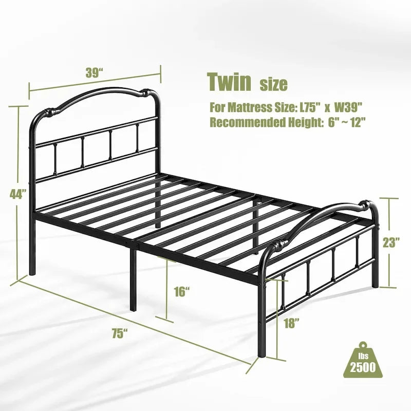 Heavy Duty Anti-Sway 18 Inch High Steel Tube Iron Bed, Double Wave Headboard And Footboard