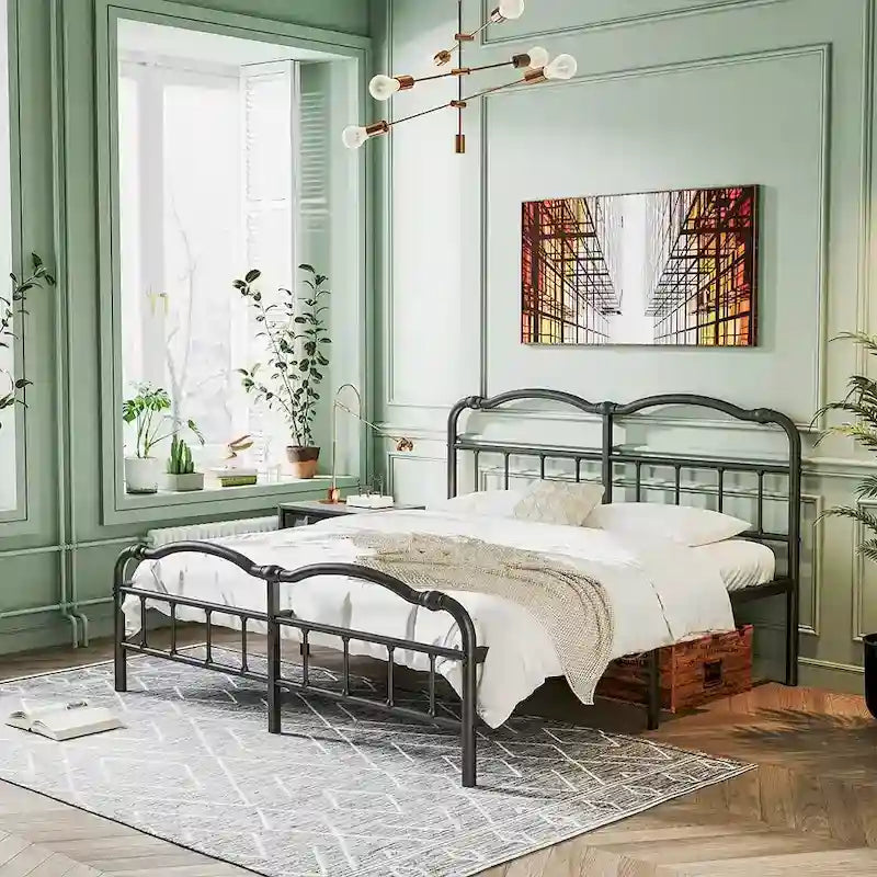 Heavy Duty Anti-Sway 18 Inch High Steel Tube Iron Bed, Double Wave Headboard And Footboard