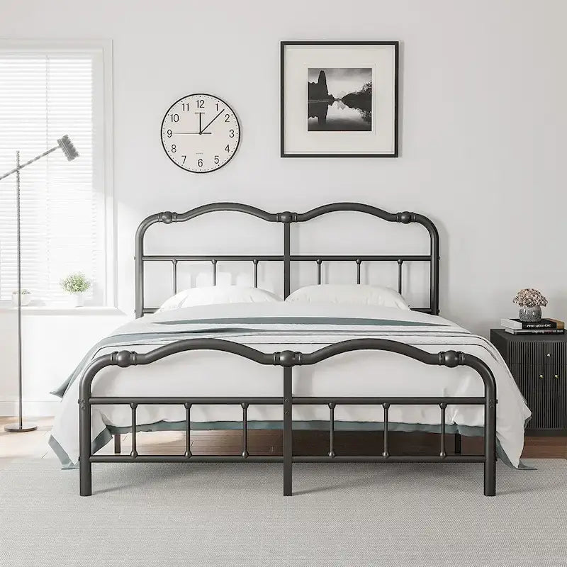 Heavy Duty Anti-Sway 18 Inch High Steel Tube Iron Bed, Double Wave Headboard And Footboard