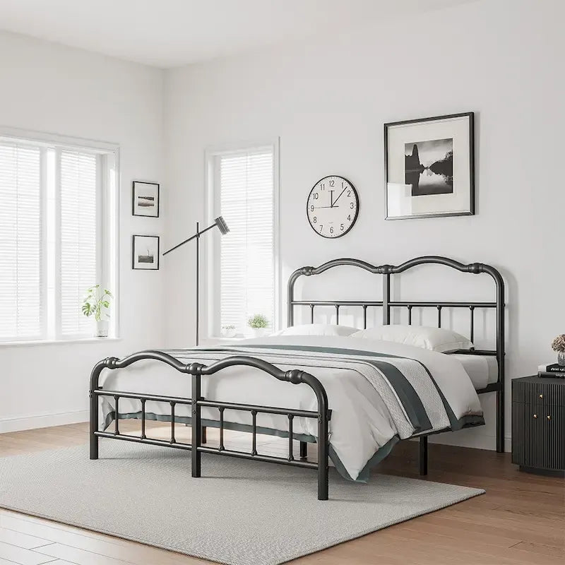 Heavy Duty Anti-Sway 18 Inch High Steel Tube Iron Bed, Double Wave Headboard And Footboard