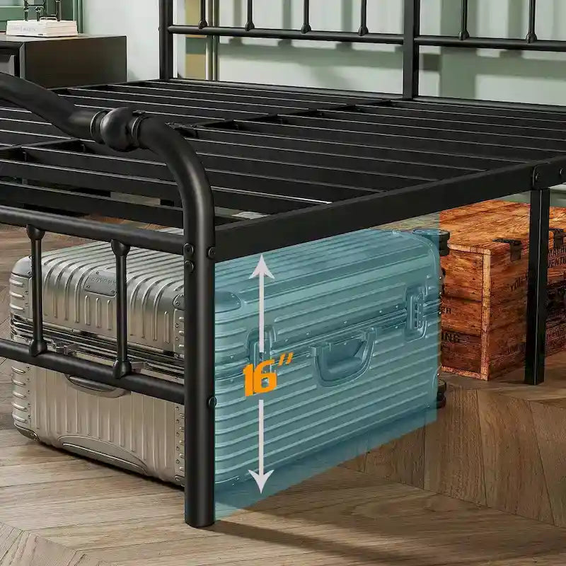 Heavy Duty Anti-Sway 18 Inch High Steel Tube Iron Bed, Double Wave Headboard And Footboard